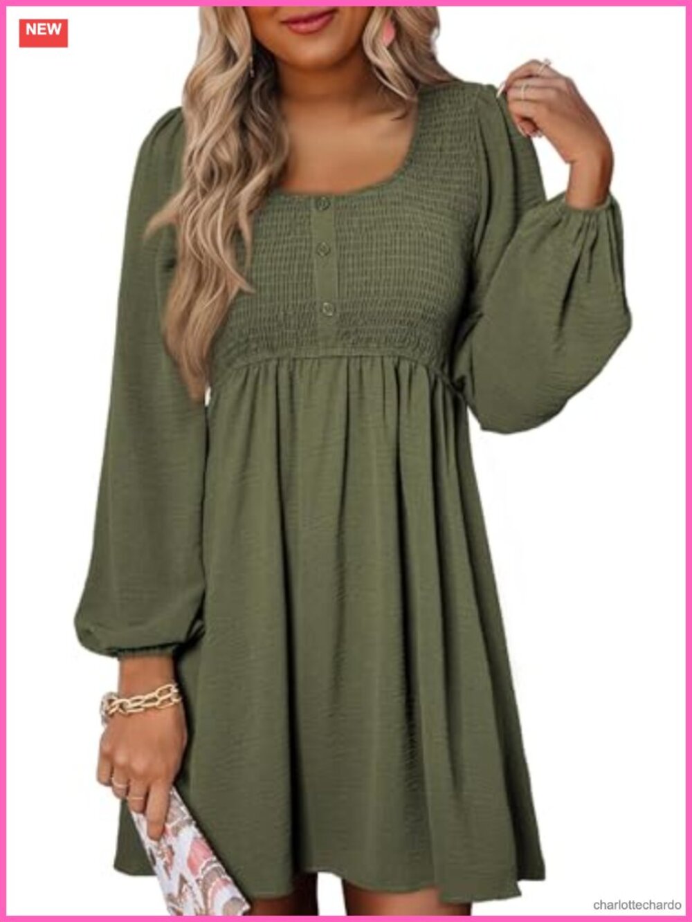 Long Sleeve Mini Dress Smocked Empire Waist A-Line Casual
